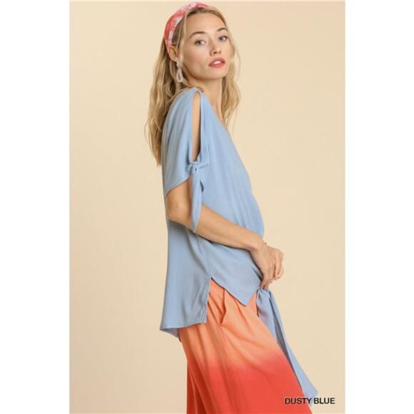 ✨NWT Umgee Cold Shoulder Short Sleeve Round Neck Top with Side Slits Tie-able - Picture 3 of 4